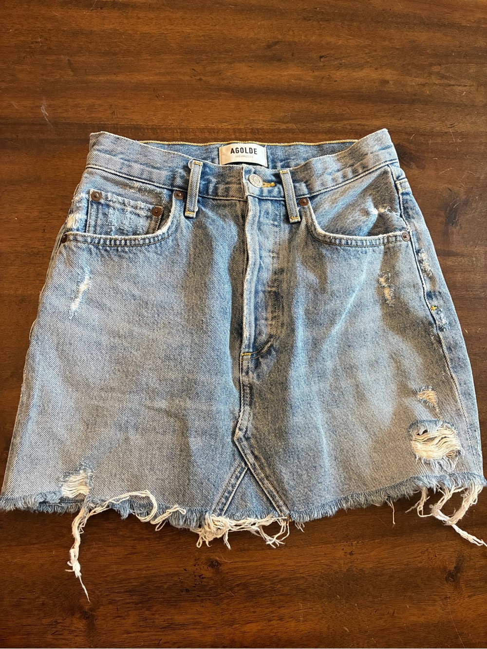 Agolde Denim Skirt Size 23 Distressed Light Wash Jean Mini Skirt Button Fly